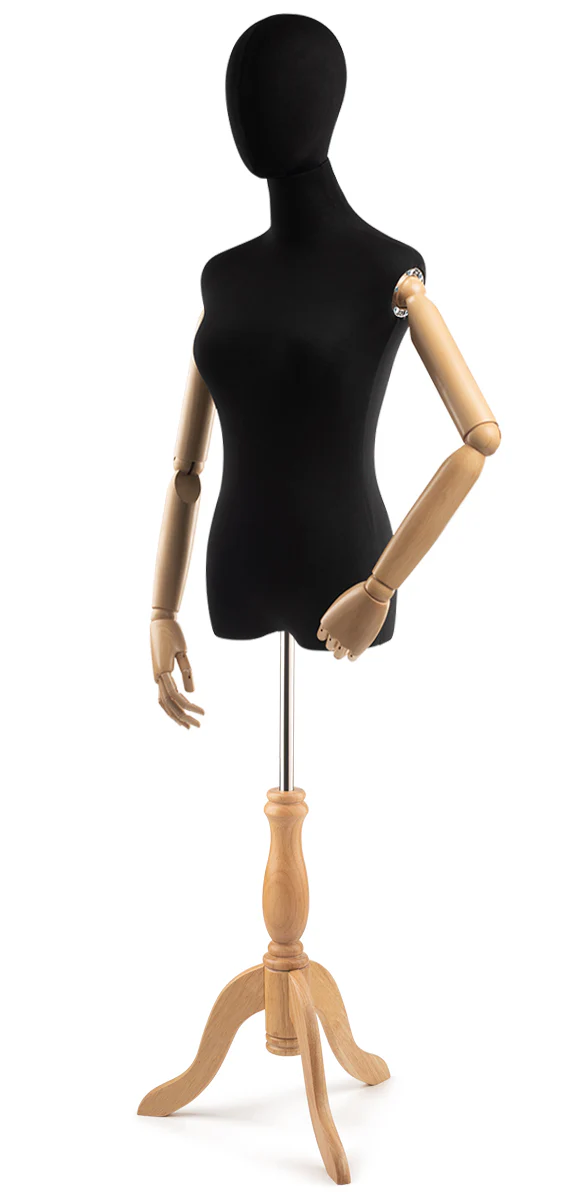 Female Display Dress Form on Wood Tripod Base (Head & Arms Version) - Image 3