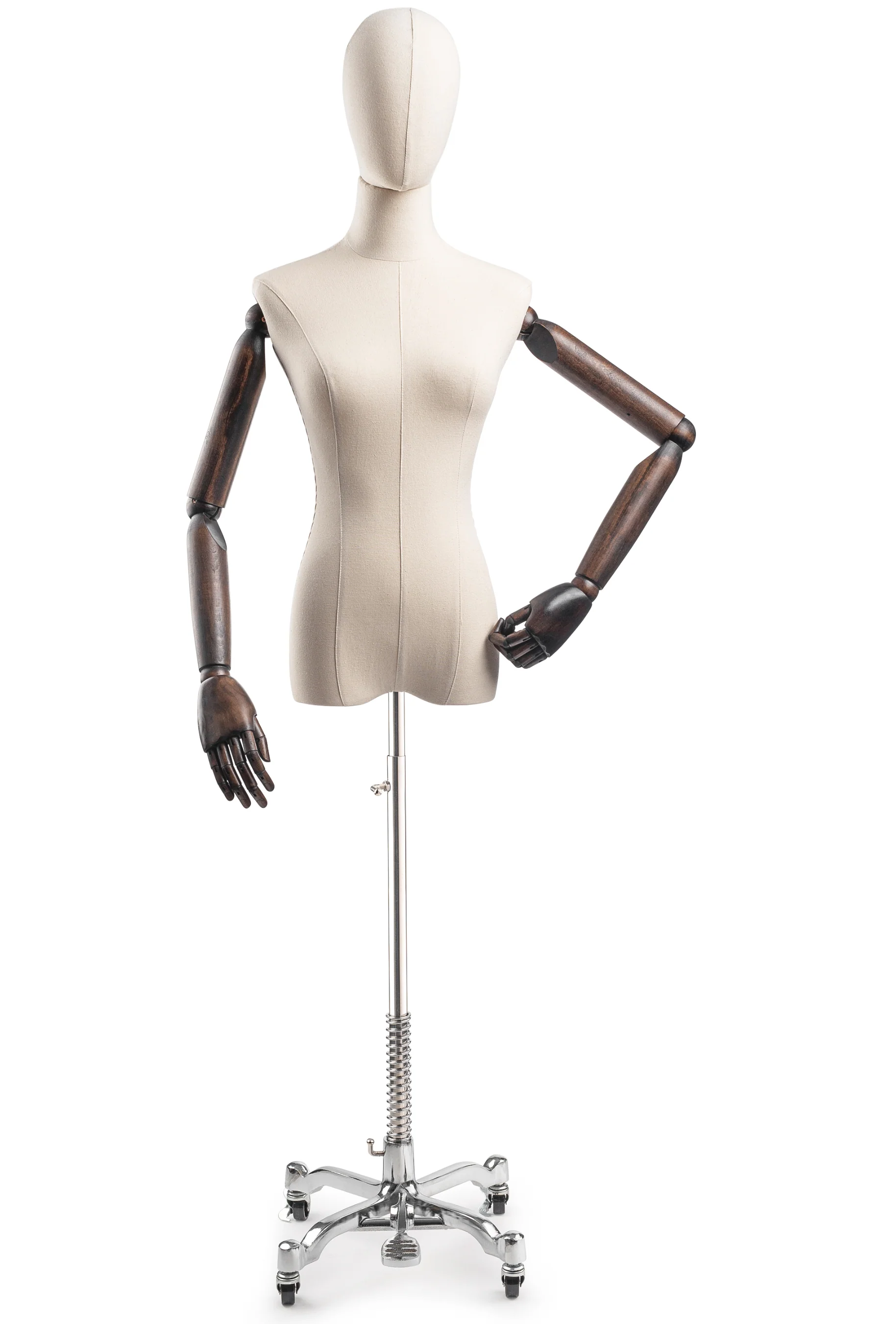 Female Display Dress Form on Metal Rolling Base (Head & Arms Version) - Image 23