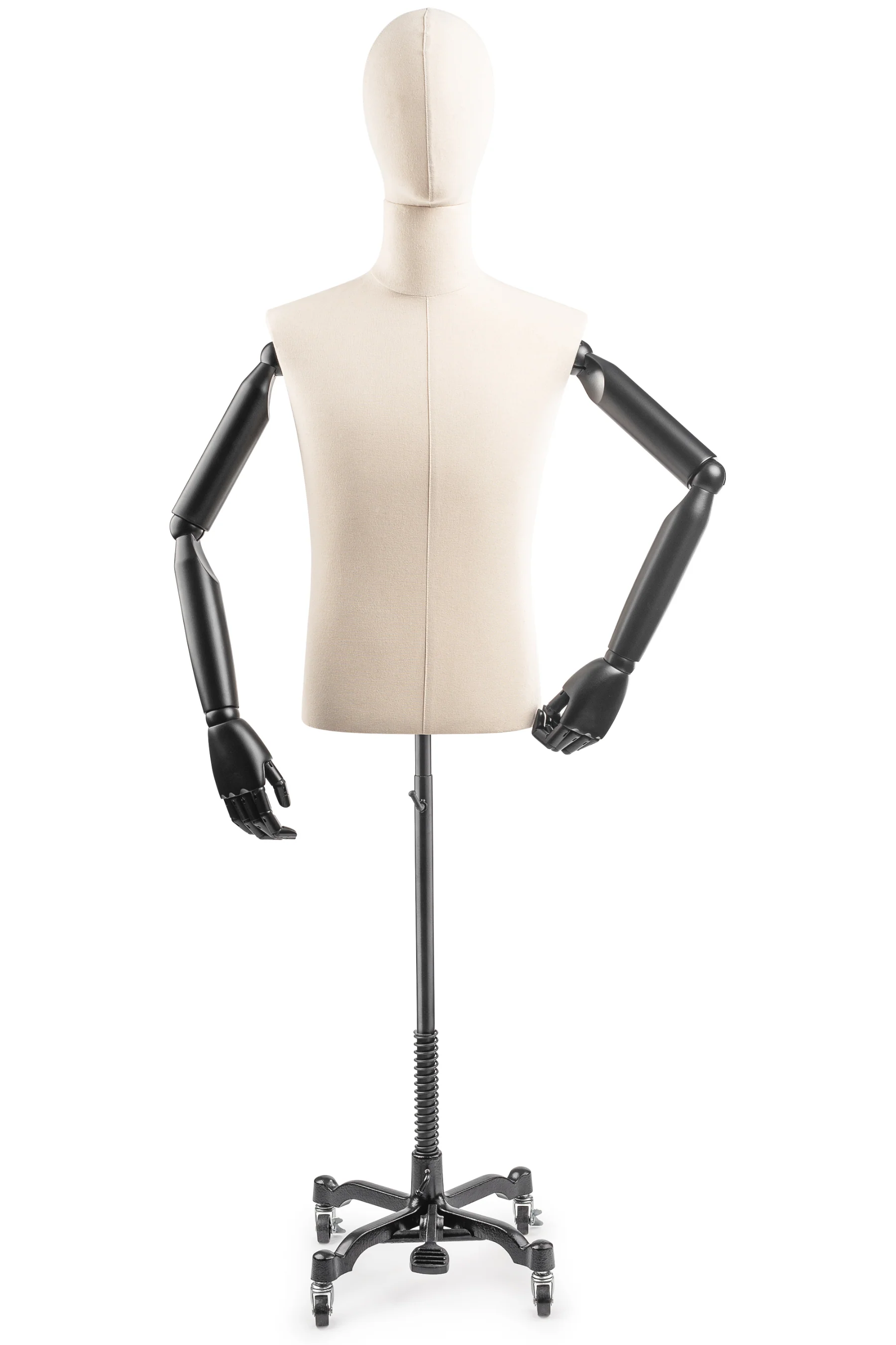 Male Display Dress Form on Metal Rolling Base (Head & Arms Version)