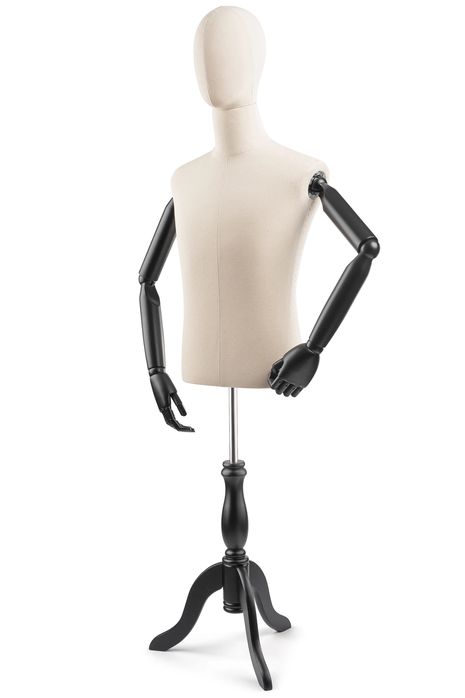 Male Display Dress Form on Wood Tripod Base (Head & Arms Version) - Image 11