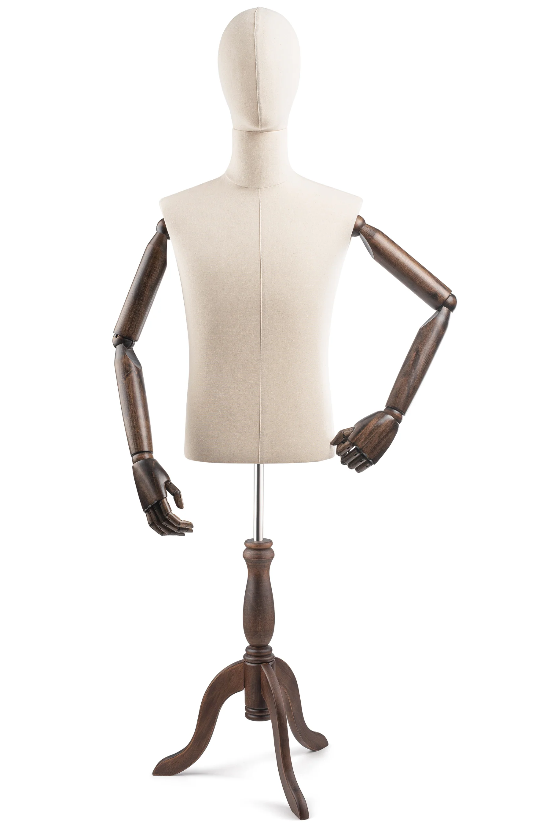 Male Display Dress Form on Wood Tripod Base (Head & Arms Version) - Image 19
