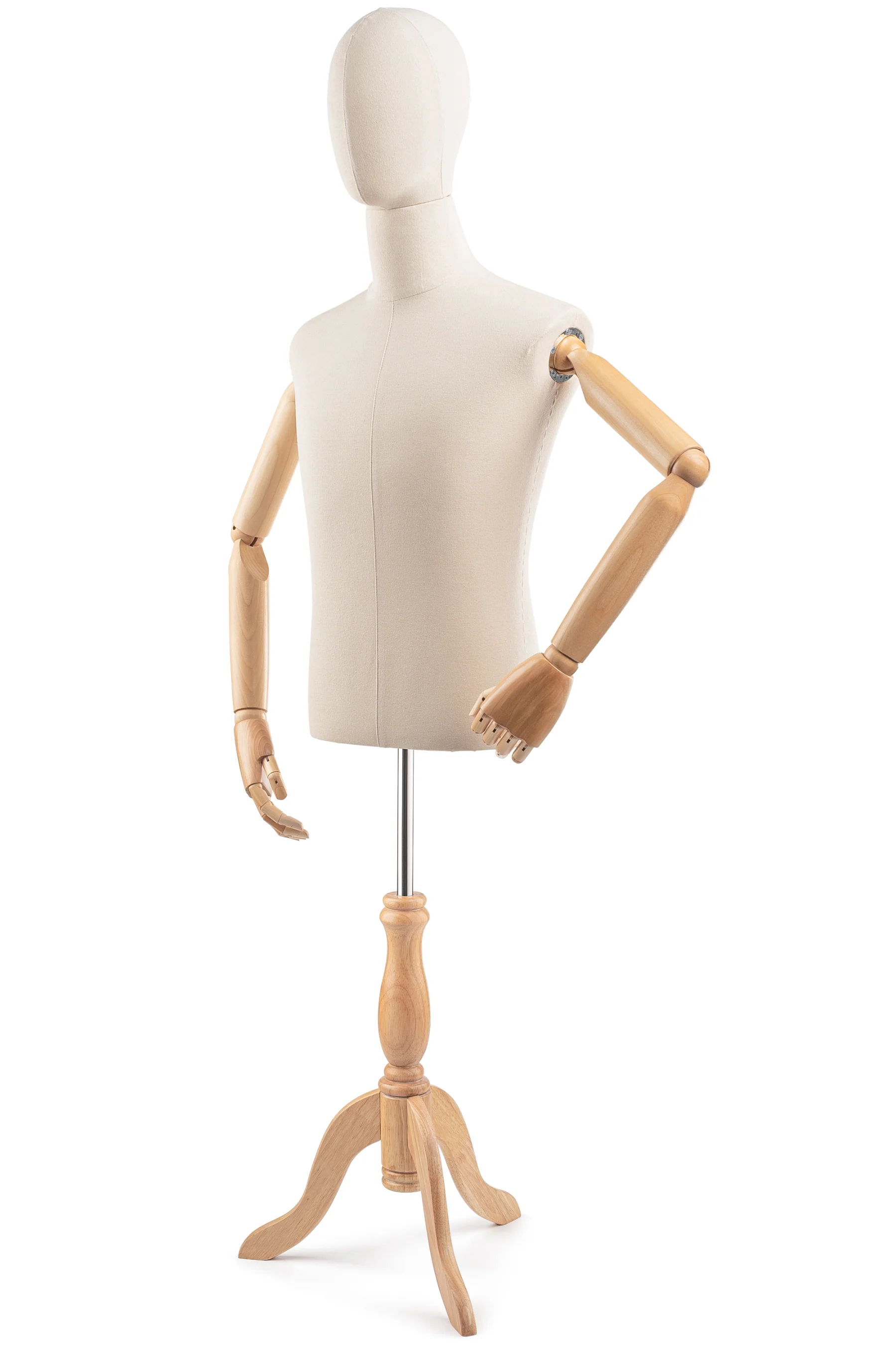 Male Display Dress Form on Wood Tripod Base (Head & Arms Version) - Image 3